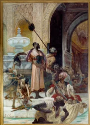 Het bloedbad van de Abencerages. De Abencerages, een Moorse stam uit het koninkrijk Granada in de 15e eeuw, werden uitgeroeid door Boabdil, genaamd Zoghbi (1452-1528). Schilderij van Georges Jules Victor Clairin (1843-1919)