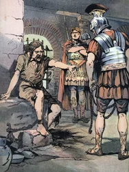 Gallische oorlog: De Gallische krijger Vercingetorix gevangen in de Romeinse wapens van Julius Caesar in de gevangenissen van Tullianum, 46 v.Chr. (Illustratie door Emile Bayard)