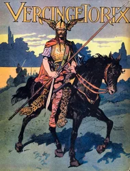 Portret van Vercingetorix (ca. 80 - ca. 46 v.Chr.), krijger en Gallische leider van de stam der Arverni (Portret van Vercingetorix, 82 v.Chr. - 46 v.Chr., stamhoofd van de Arverni). Illustratie door Georges Conrad (1874-1936), afkomstig uit Nos Gloires