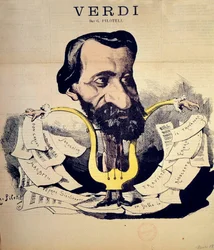 Karikatuur van de componist Giuseppe Verdi (1813-1901) door Pilotell (1845-1918), maart 1869. Conservatoire National de Musique, Parijs
