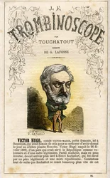 HUGO Victor Hugo (1802-1885) - illustratie uit "Le Trombinoscope", een satirisch politiek tijdschrift van Leon-Charles Bienvenu, bekend als Touchatout (1835-1910) monografie N. 25, Imprimerie Vallee, Parijs, feb 1872
