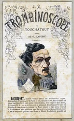 Victor Henri ROCHEFORT (1831-1913), illustratie uit "Le Trombinoscope", een satirisch politiek tijdschrift van Leon-Charles Bienvenu, bekend als Touchatout (1835-1910) monografie N. 15, Imprimerie Vallee, Parijs, ottobre 1871