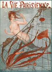 Zeemeermin gevangen in een visnet, Illustratie uit "La Vie Parisienne