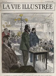 Algemeen Congres van Socialistische Organisaties, gehouden in Parijs in december 1899, in het Gymnasium Japy - Jean Jaures (1859-1914) en Eugene Fournier (1857-1914) tekening door Georges Redon - la vie illustree van 1899