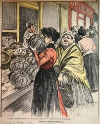 Twee vrouwen die een pompoen kiezen op een markt, eind 19e eeuw