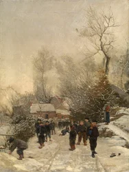 Dorp met Kinderen in de Sneeuw