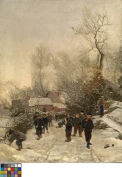 Dorp met kinderen in de sneeuw