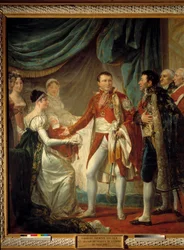 Keizer Napoleon I presenteert zijn zoon de Koning van Rome aan de hoogwaardigheidsbekleders van het Rijk op 20/03/1811 in aanwezigheid van keizerin Marie Louise Schilderij door Georges Rouget (1784-1869) 1812 Zon. 2,60 x 2,20 m - De presentatie van de Koni