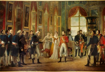 Napoleon I (1769-1821) ontving in Saint-Cloud de Senatus-Consulte die hem op 18/05/1804 tot keizer van de Fransen uitriep (achter de keizerin Josephine, zijn dochter Hortense en haar schoonzus Marie-Annonciade, Caroline Bonaparte (1782-1839)).