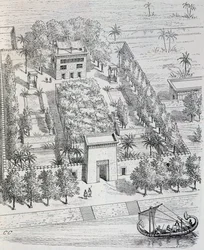 Uitzicht op Egyptische villa langs de Nijl, reconstructie door Chipiez, uit Geschiedenis van de kunst in de oudheid (Egypte, Assyrië, Perzië, Klein-Azië, Griekenland, Etrurië, Rome)