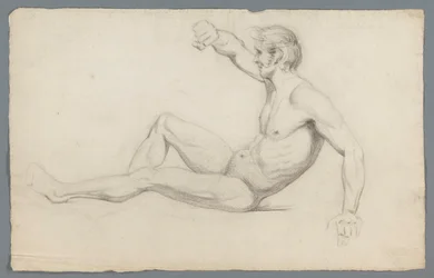 Zittend mannelijk naakt, met opgeheven arm
