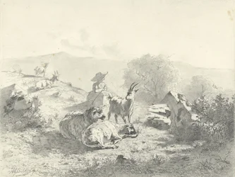Herderin met geiten en schapen in bergachtig landschap