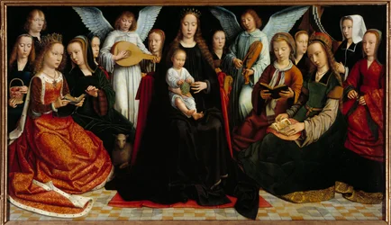 De Maagd tussen de heiligen Voor: Sint Dorothee, Sint Catharina, Sint Agnes, Sint Fausta, Sint Apollo (of Apollonia), Sint Godeline, Sint Cecile, Sint Barbe, Sint Lucia, achter: Gerard David en zijn vrouw Cornelie en twee muzikale engelen.
