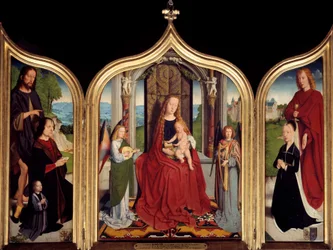 Drieluik van de familie Sedano: in het midden de Maagd en het Kind tussen twee muzikale engelen, links Johannes van Sedano en zijn zoon gepresenteerd door Johannes de Doper, rechts zijn vrouw en Johannes de evangelist