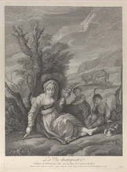 Een plattelandsvrouw zittend in het landschap met twee jongens aan haar zijde, 1729-40