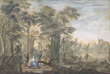 Arcadisch landschap met verschillende figuren en een standbeeld van Diana