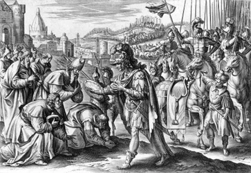 Saint Loup, bisschop van Troyes ontmoet Attila (gravure)