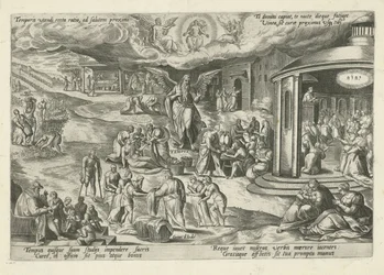 Vader Tijd te midden van scènes met werken van barmhartigheid en christelijke deugden. Moraliserende allegorieën op de tijd