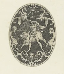 Vlakdecoratie: Hercules vangt het Erymantische everzwijn Ovale vlakdecoraties met de daden van Hercules in grotesken (series title)