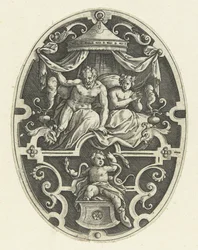 Vlakdecoratie: Hercules wurgt in zijn wieg de twee slangen Ovale vlakdecoraties met de daden van Hercules in grotesken (series title)