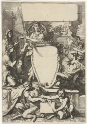 Cartouche omgeven door allegorische figuren