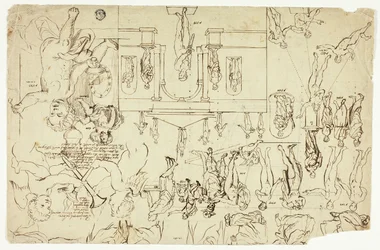 Kopieën naar illustraties van standbeelden en schilderijen (recto); maten voor het skelet van een man (verso)