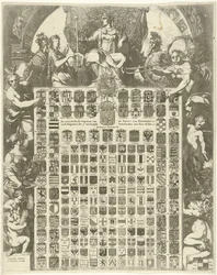 Geslachtswapens van prins Willem III in een allegorische omlijsting