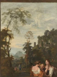 Italiaans landschap met drie vrouwen die muziek maken