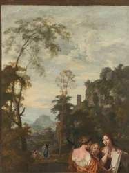 Italiaans landschap met drie musicerende vrouwen