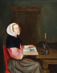Een interieur met een vrouw aan een tafel met een boek in de hand (olieverf op paneel)