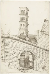 Tempel van Mars Ultor en de Pantaniboog in het Forum van Augustus en de toren van San Basilio
