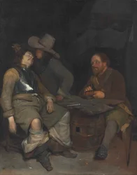 Een bewakersruimte binnen met een soldaat die rook blaast