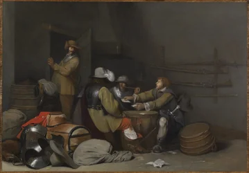 Bewakersruimte interieur met rokende en kaartspelende soldaten