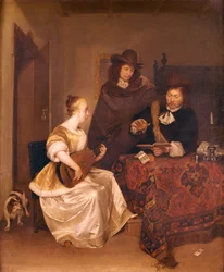 Een jonge vrouw speelt theorbo voor twee mannen, 1667-68
