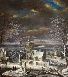 Een dorp in de winter in een uitgestrekt landschap met figuren op het ijs