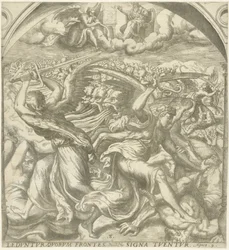 Vier doodsengelen doden het volk na het zesde bazuingeschal