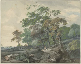 Landschap met een weg door een bos en een valkenjager