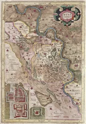 De loop van de Rijn in Westfalen, Duitsland (gravure)