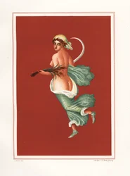 Allegorische muurschildering van de zomer uit het oosten van het atrium van Regio IX.V.11. Ze draagt een sikkel en tarwe. Chromolithografie door Victor Steeger naar een illustratie van Geremia Discanno uit Emile Presuhn (1844-1878) De Mooiste Schilderijen 