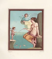 Muurschildering van Venus en Cupido die vissen met hengels