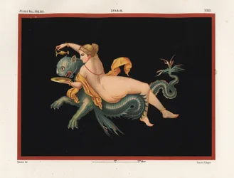 Nereïde, een zeenimf gedragen door een monster, half panter en half vis. Museo Naz. XXII, Stabiae. Chromolithografie door Victor Steeger naar een illustratie van Geremia Discanno uit De mooiste schilderingen van Pompeï van Emile Presuhn (1844-1878)