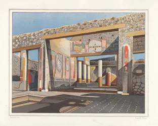 Zicht op het tablinum, een kamer naast het atrium, in het huis van de bankier Lucius Caecilis Iucundus, Reg V, Ins 1, 26 (chromolithografie door Victor Steeger naar een illustratie van Geremia Discanno uit Emile Presuhn)