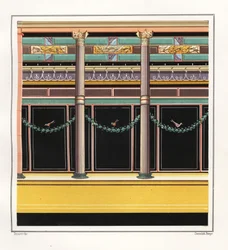 Muurschildering uit een kamer in het Huis van de Epigrammen. V, Ins. 1, No. 18. Chromolithografie door Victor Steeger naar een illustratie van Geremia Discanno uit Emile Presuhn (1844-1878) De Mooiste Schilderijen van Pompeii, Leipzig