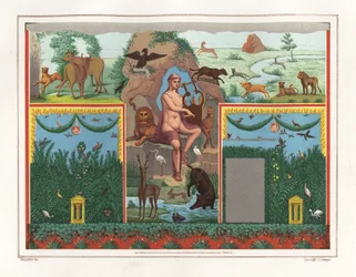 Muurschildering van Orpheus met lier uit het viridarium (tuin) van het Huis van Vesonius Primus, een voller. Hij is omringd door dieren waaronder een leeuw, poema, everzwijn, hert, konijn en blauwe flamingo (chromolithografie door Victor Steeger naar een i