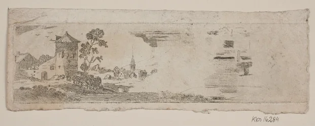 Proefblad van landschap met kasteel en kerk