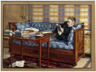 Portret van de dichter Vasili Zoukovsky (1783-1852). Liggend op een bank leest hij, voor hem stapels boeken op een tafel.