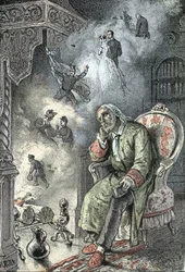 Een oude man herinnert zich zijn levensfasen (huwelijk, oorlog, dood van familieleden, jeugd) Gravure uit 