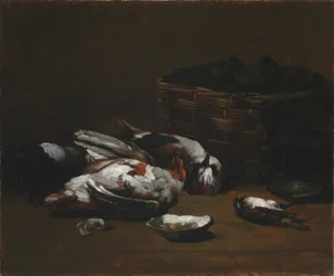 Stilleven met dode vogels en een mand oesters, ca. 1860 - 1880