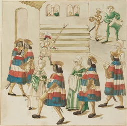 Mannen in rood, wit en blauw dansen met hun partners