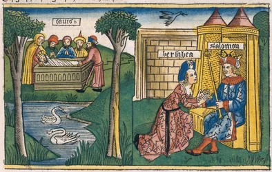 1 Koningen 2, 10-11 De dood van David, en 2 Koningen 19-25 Batseba vraagt Salomo om Abisag met Adonia te laten trouwen, uit de Neurenbergse Bijbel (Biblia Sacra Germanaica)